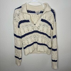 100% cotton blue and cream striped Open-Knit Collared Sweater
